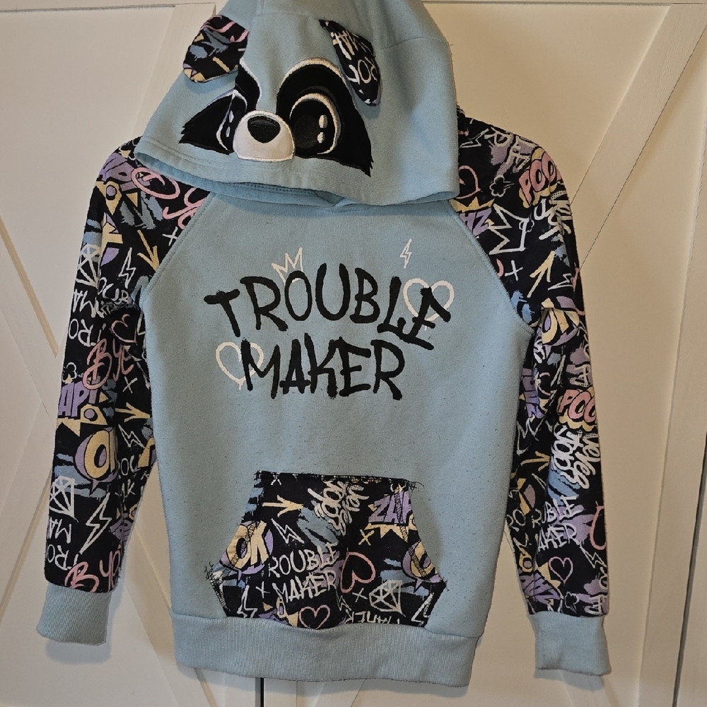 Kids 'Trouble Maker' Graphic Hoodie - Light Blue with Patterned Sleeves